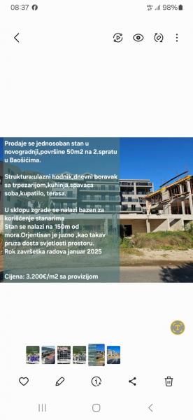  Prodaje se jednosoban stan u Baošićima 50 m2 3200e